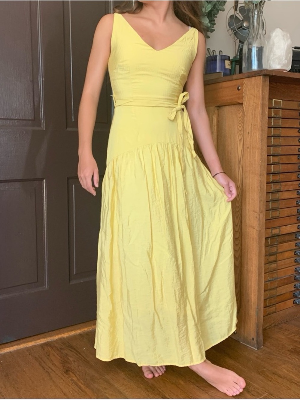 FRNCH DRESS Yellow V-Neck Maxi Dress with Waist Tie